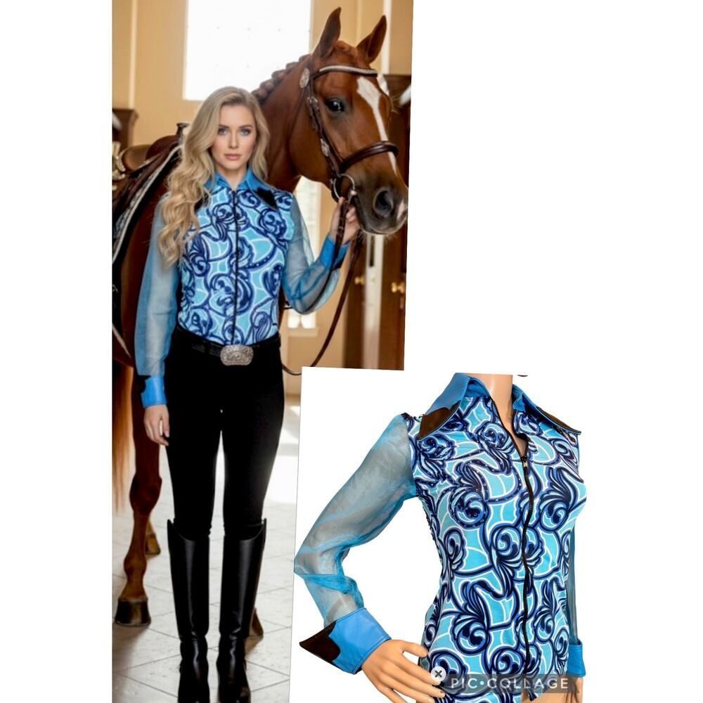 Cowgirl XS Western Pleasure Show Top Blue Black Handmade Equestrian Rail Shirt